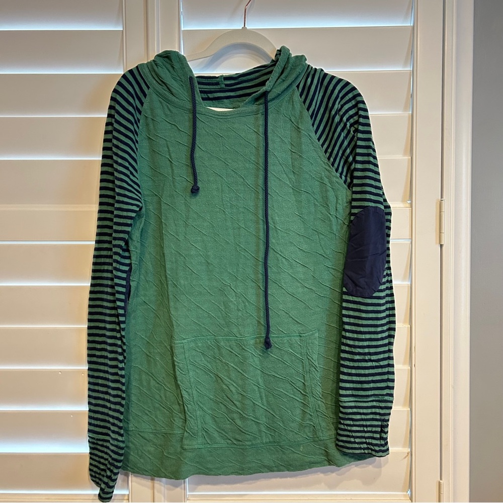 Evy’s Tree Stripe Sleeved Hoodie Hooded Sweatshirt Elbow Patches Green Navy